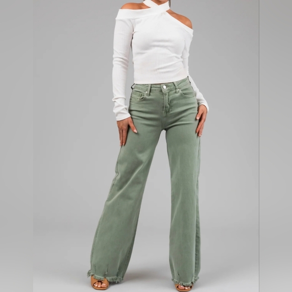 RISEN High Rise Wide Leg Olive Denim Jeans Classic Frayed Hem Size 1/25 NEW - Picture 2 of 15